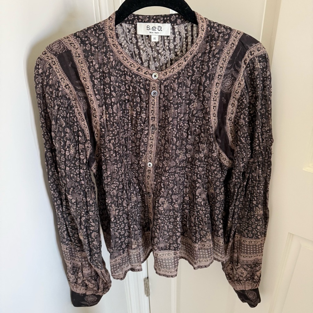Sea New York Brown Patterned Print Button Down Trim Top Blouse XS